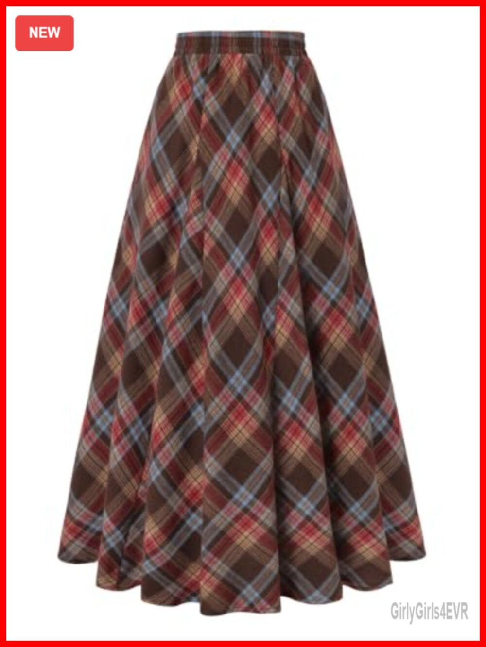 Long Plaid High Waist A Line Maxi Skirt with Pockets Lined Godet